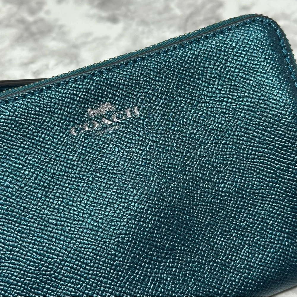 Coach Zip Wallet Wristlet Metallic Dark Teal